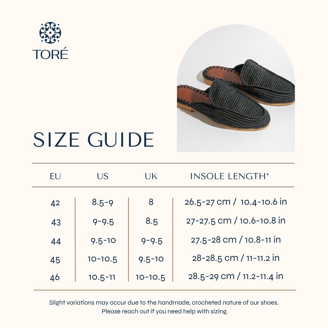 Tore size guide for raffia sandals 