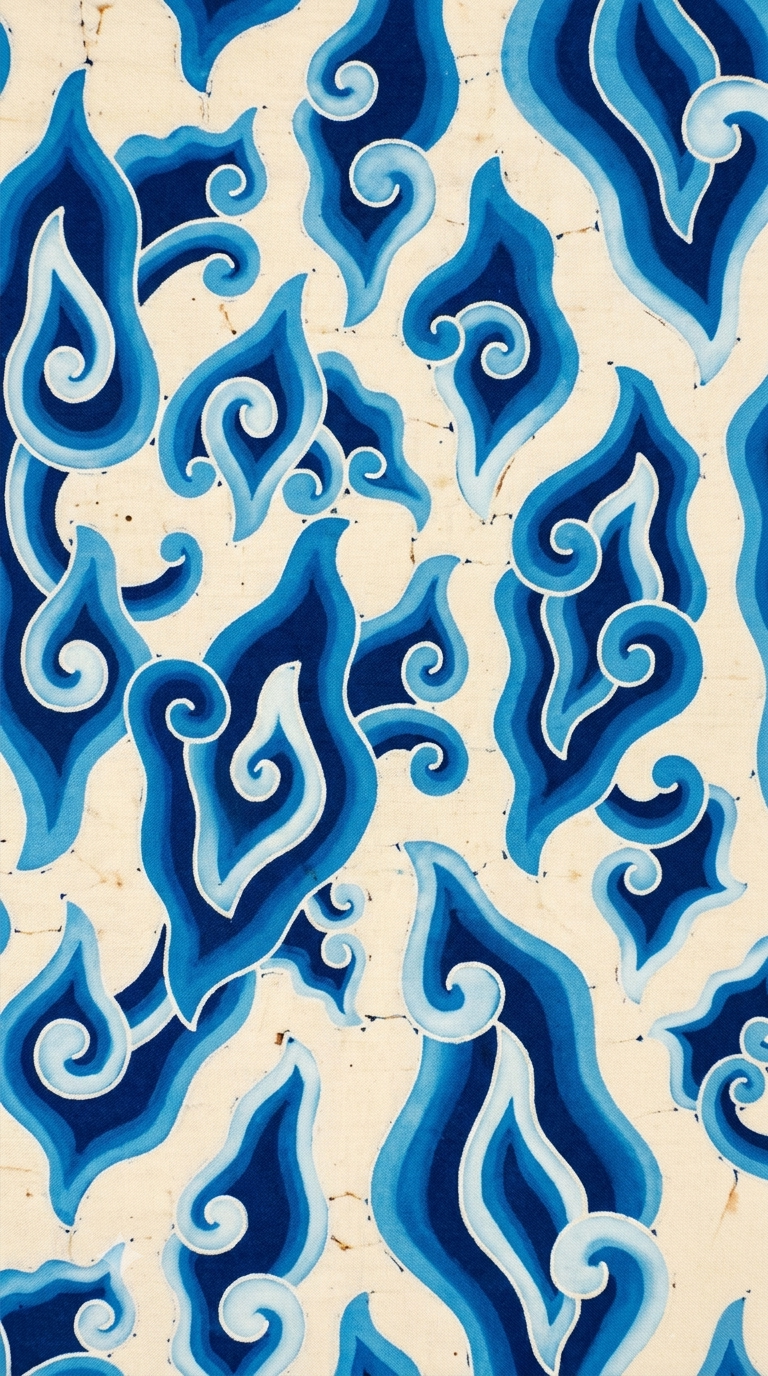 A repeating traditional Indonesian Batik pattern mega mendung of blue stylized cloud or wave motifs on a warm off-white background.