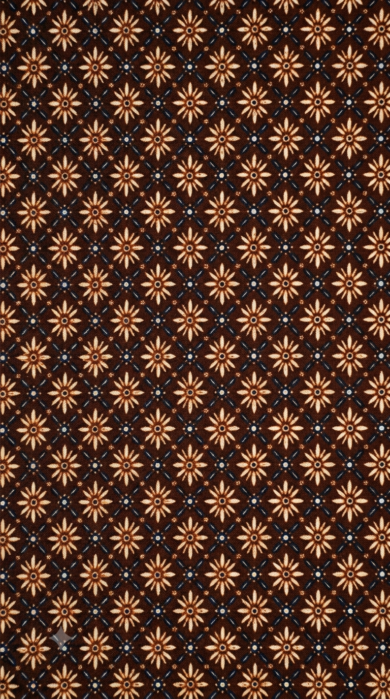 A repeating Indonesian geometric pattern Truntum featuring stylized starburst motifs in warm orange and beige tones on a dark brown background, with small light blue accents at the intersections.