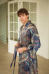 Side view of Angkasa robe – long men’s satin dressing gown with belt.