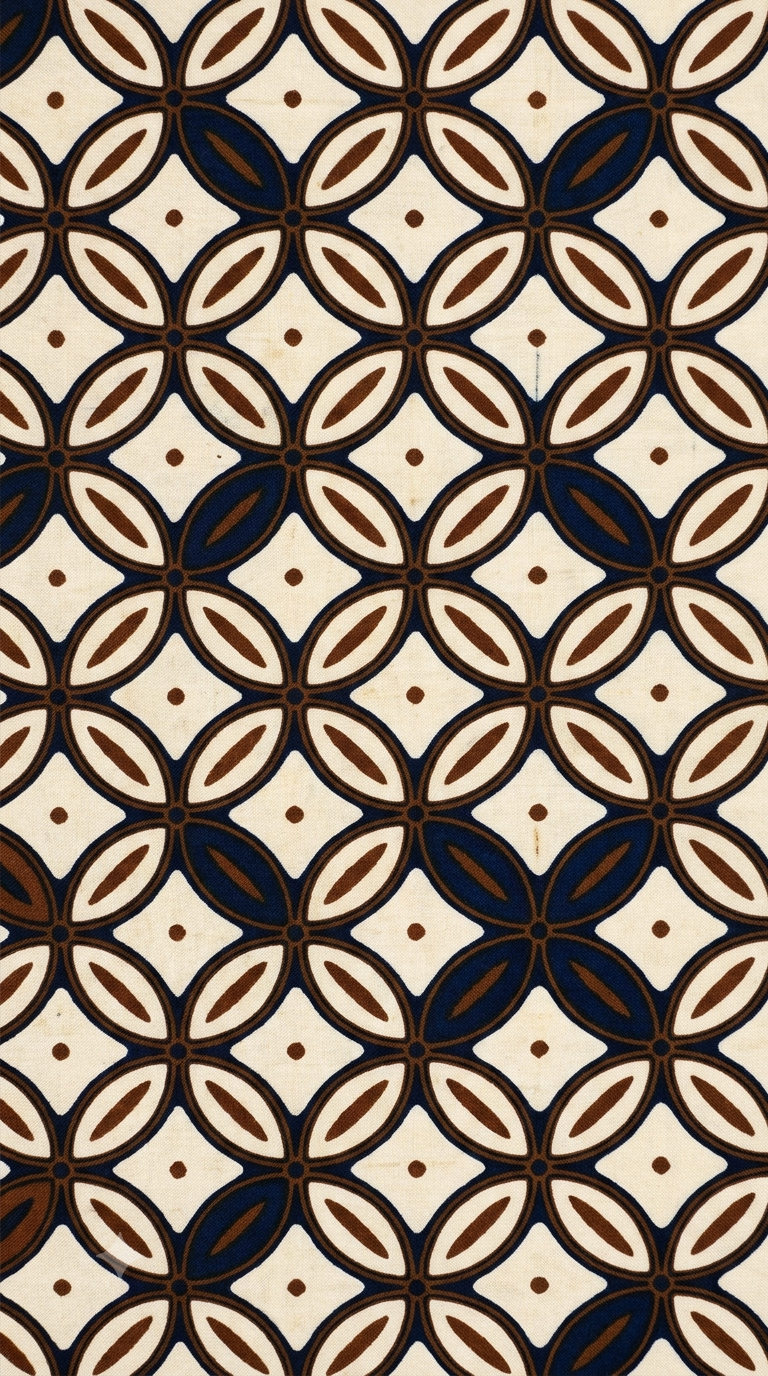 A repeating batik geometric pattern kawung featuring interlocking leaf-like shapes in cream, dark brown, and navy blue on a light beige background.