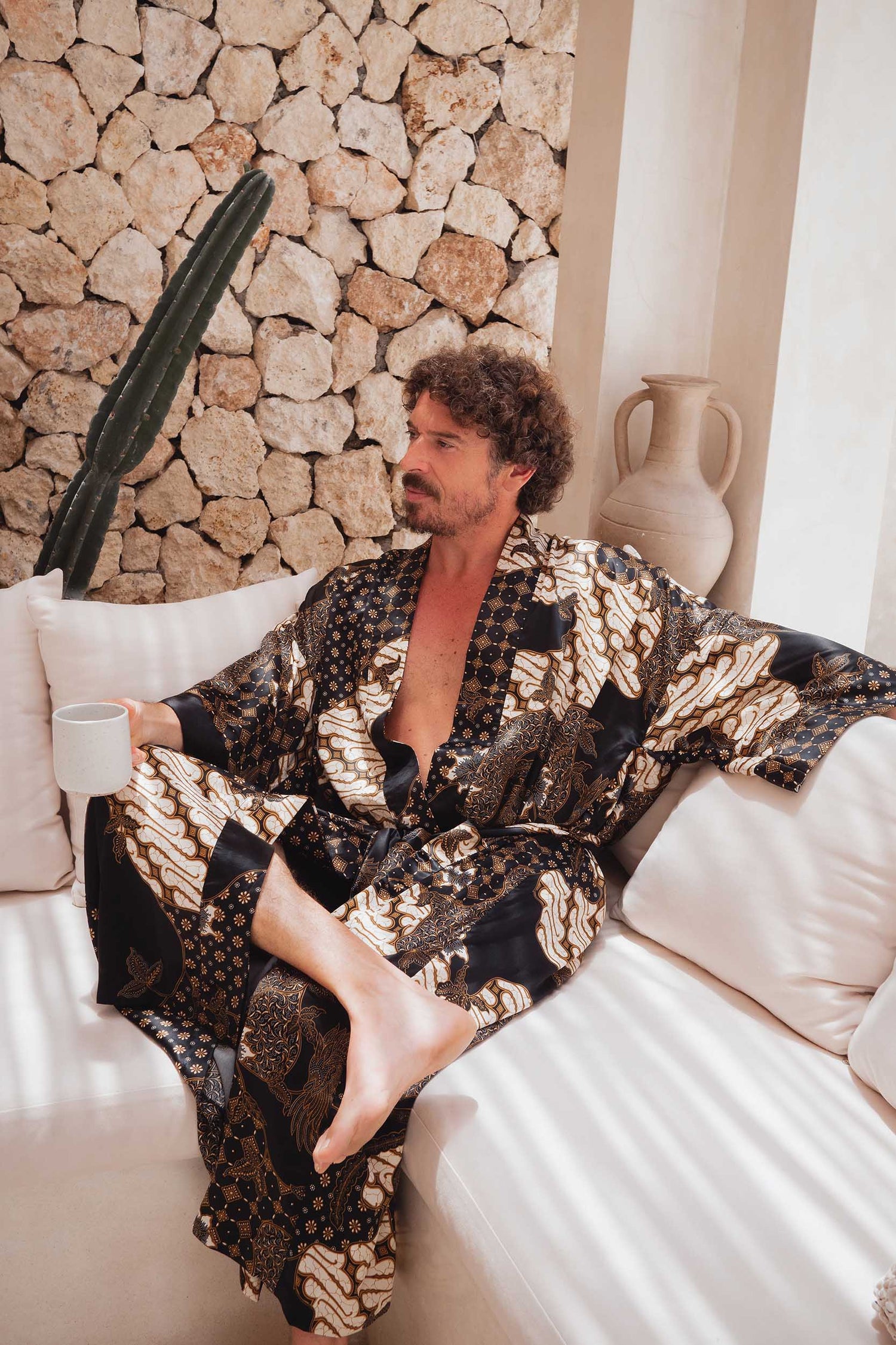 man wearing long mens dressing gown handmade in Bali