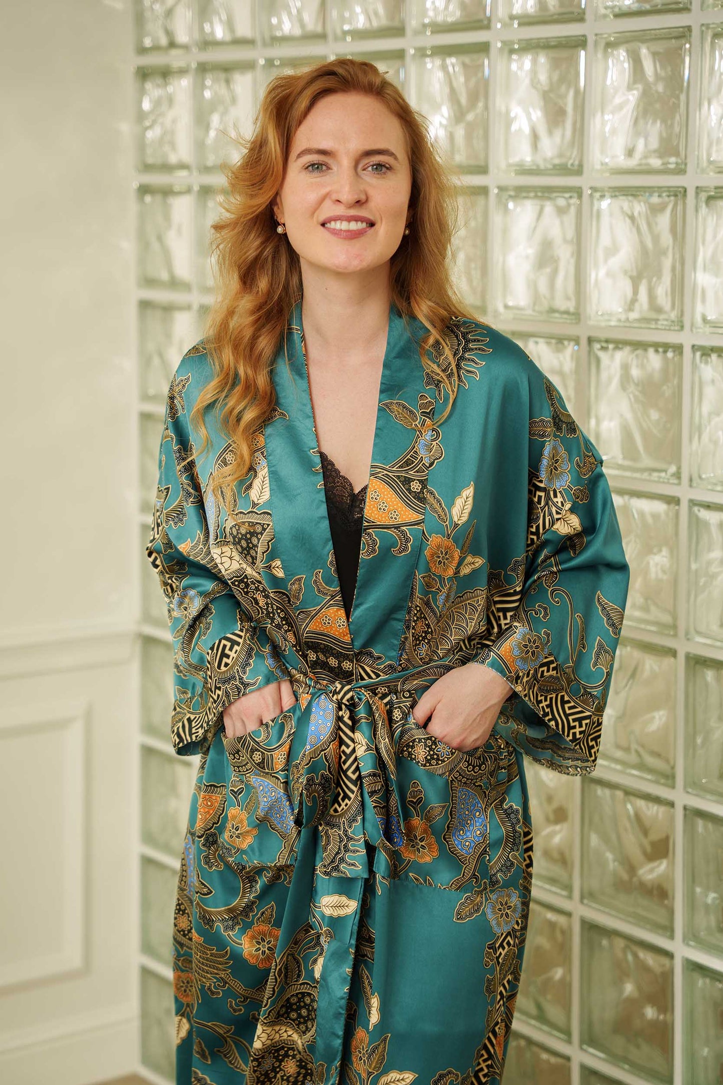 Lautan Women’s Kimono Robe – Teal Satin Dressing Gown