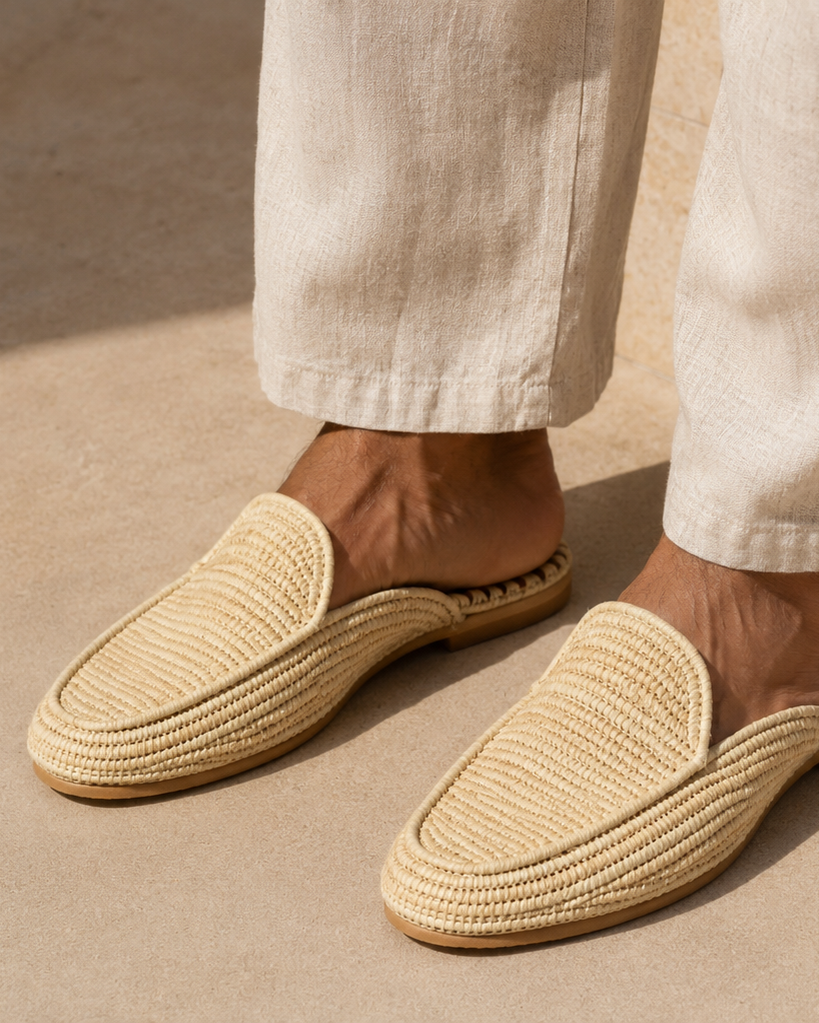 mens moroccan raffia loafer slide sandals natural