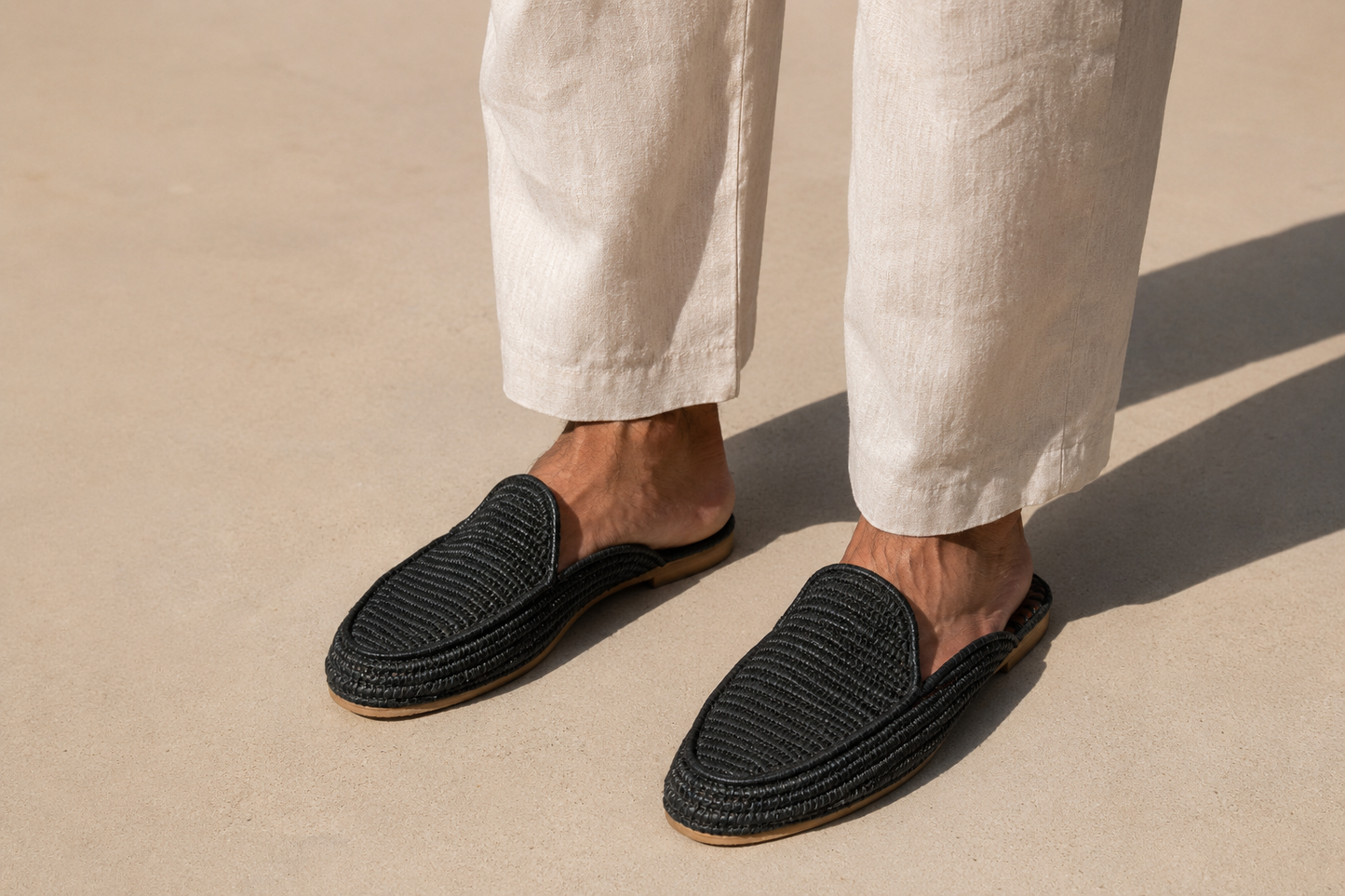 mens moroccan raffia loafer slide sandals black