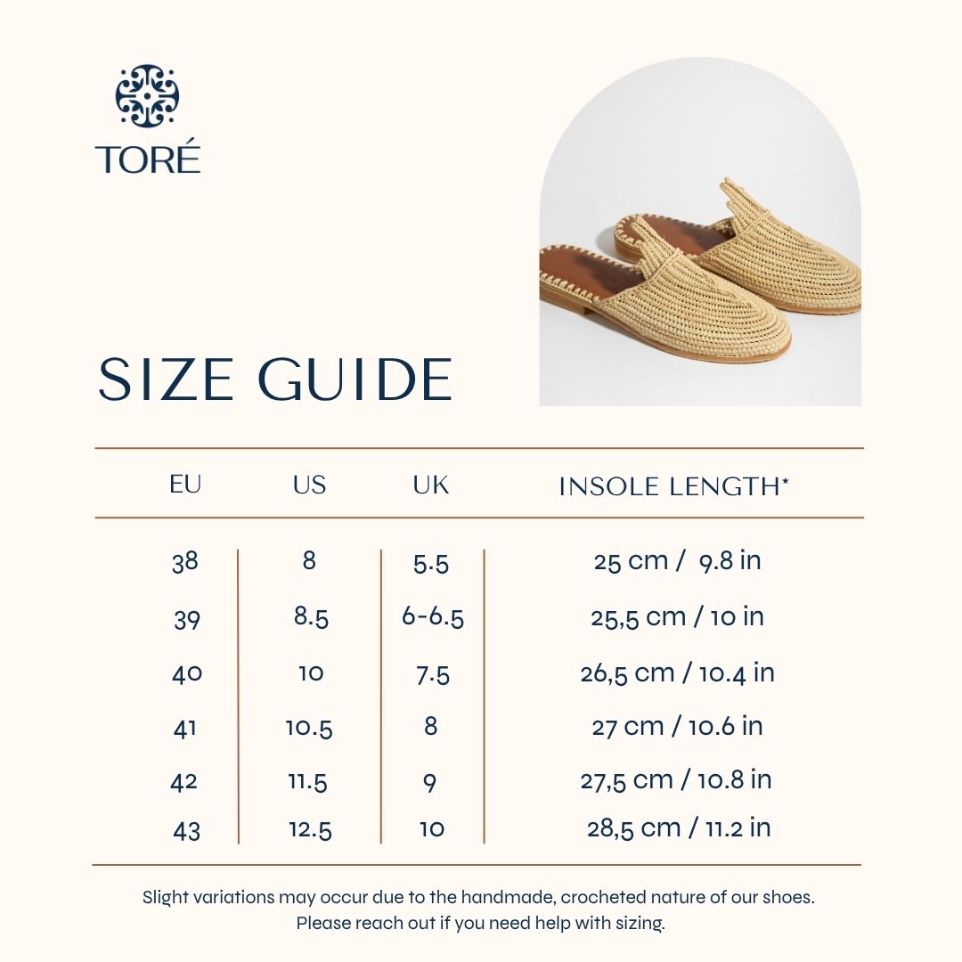 Size guide for Women's Moroccan Raffia Slide Sandals 