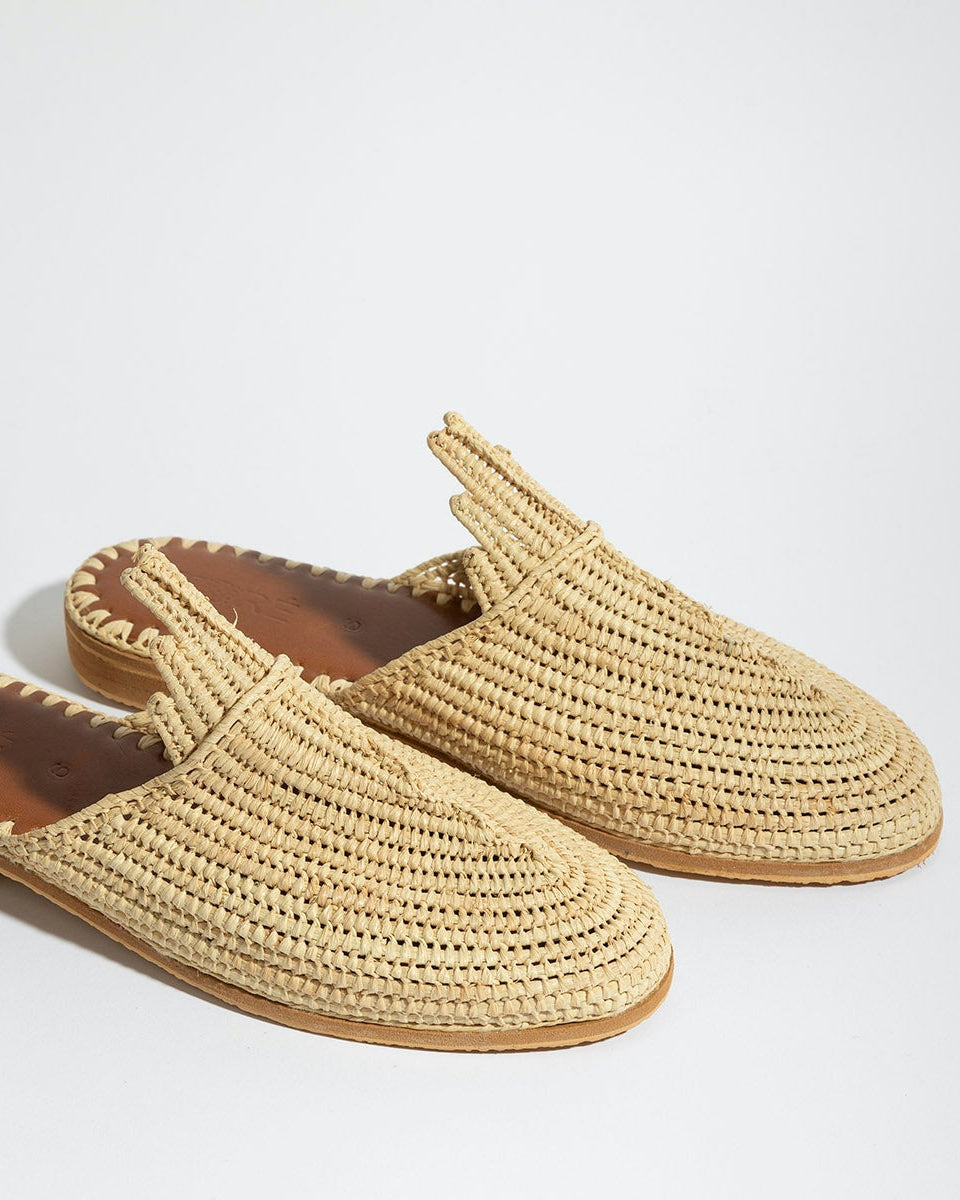 Women's Moroccan Raffia Slide Sandals in white background