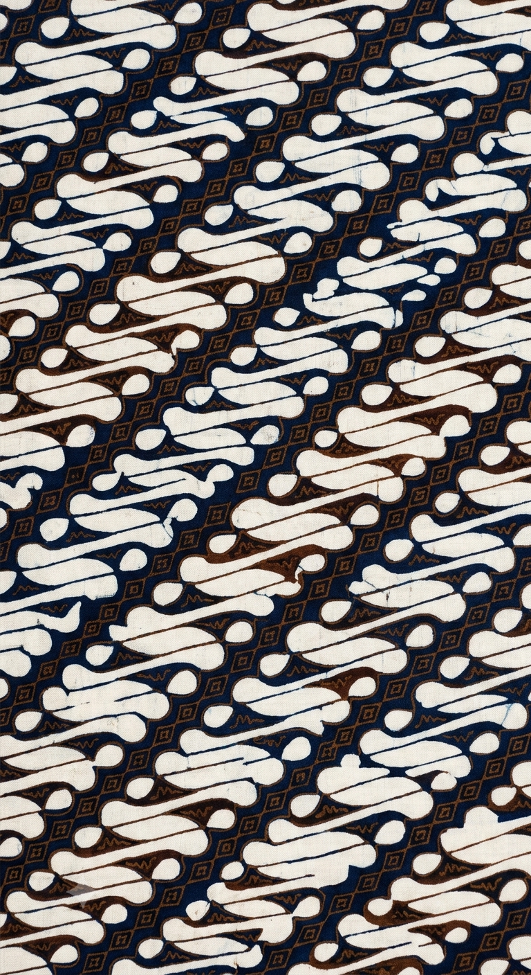 A close-up of a batik fabric parang pattern featuring repeating abstract white and cream shapes on a navy blue background with thin brown diamond lines.