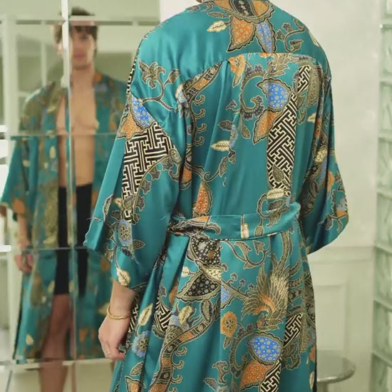man wearing mens teal satin kimono robe handmade in Bali