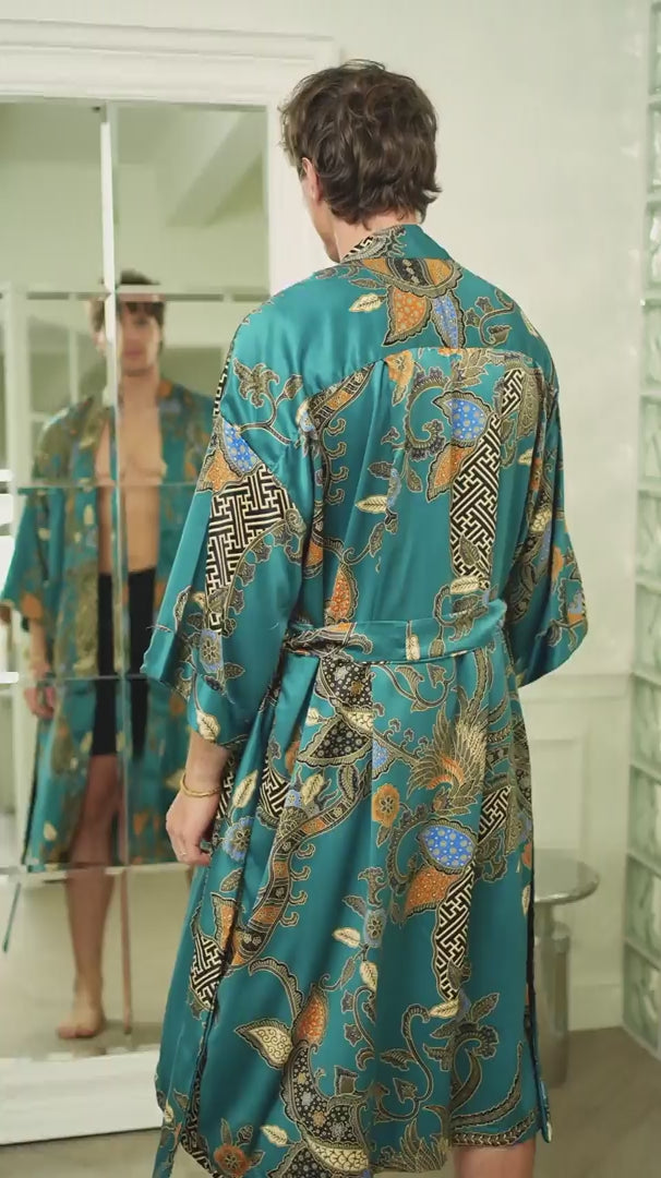 man wearing mens teal satin kimono robe handmade in Bali