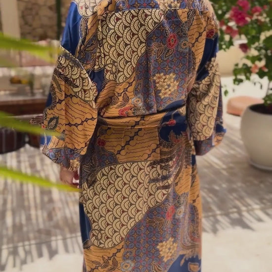 man wearing satin kimono robe nilam handmade in Bali