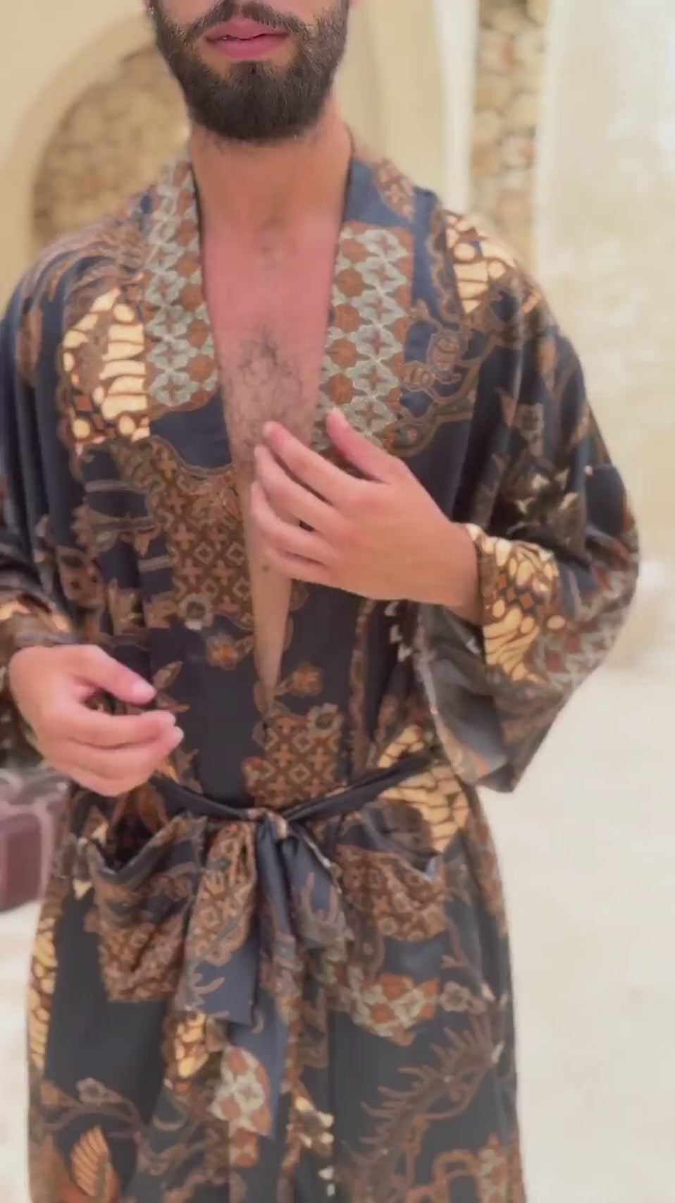 man wearing mens satin kimono robe svarna