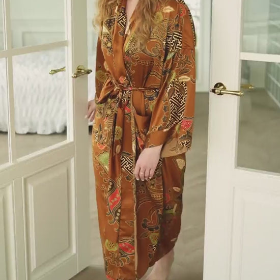 woman wearing Surya satin kimono robe