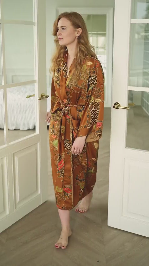 woman wearing Surya satin kimono robe