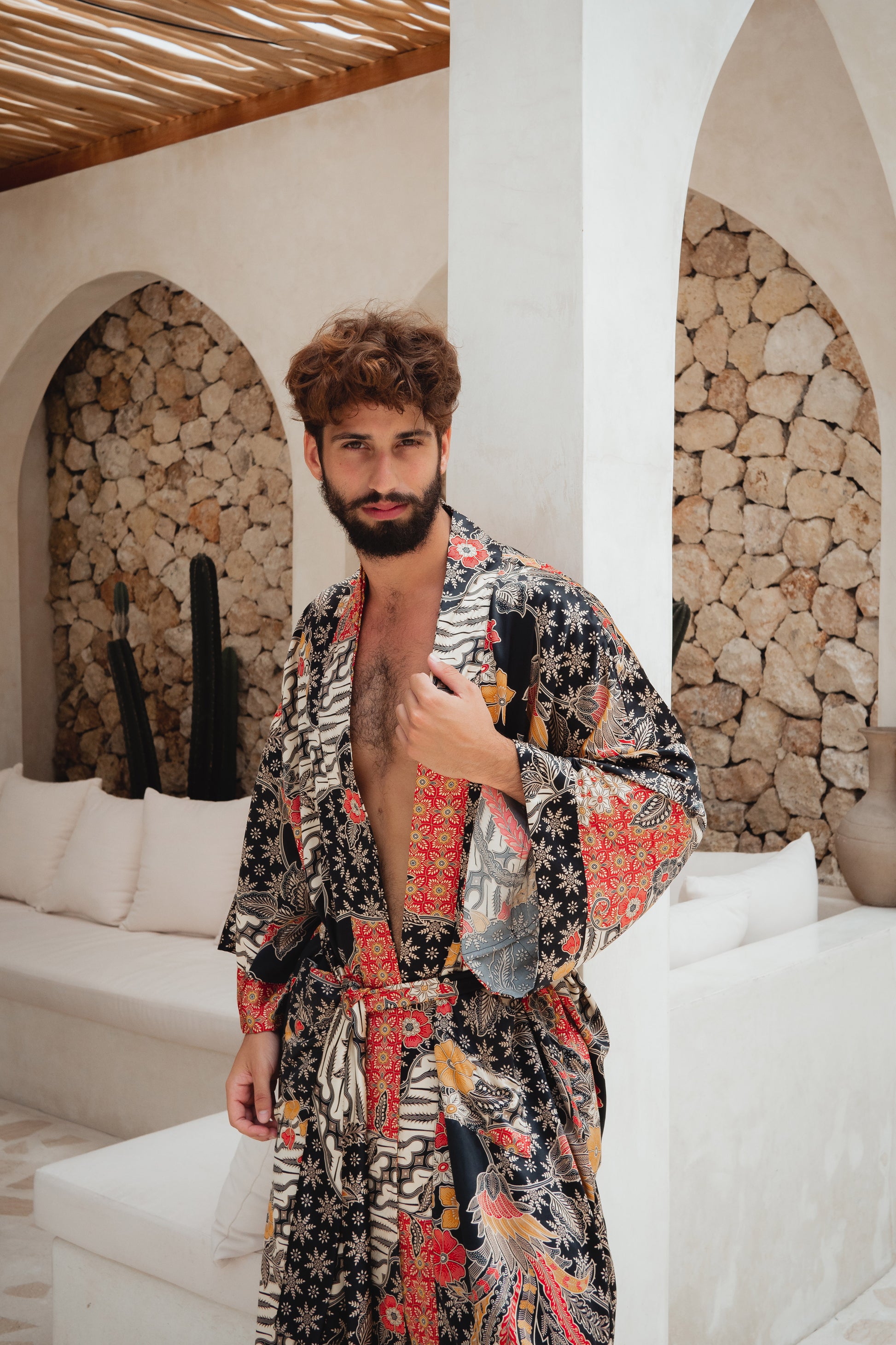 man wearing satin kimono robe
