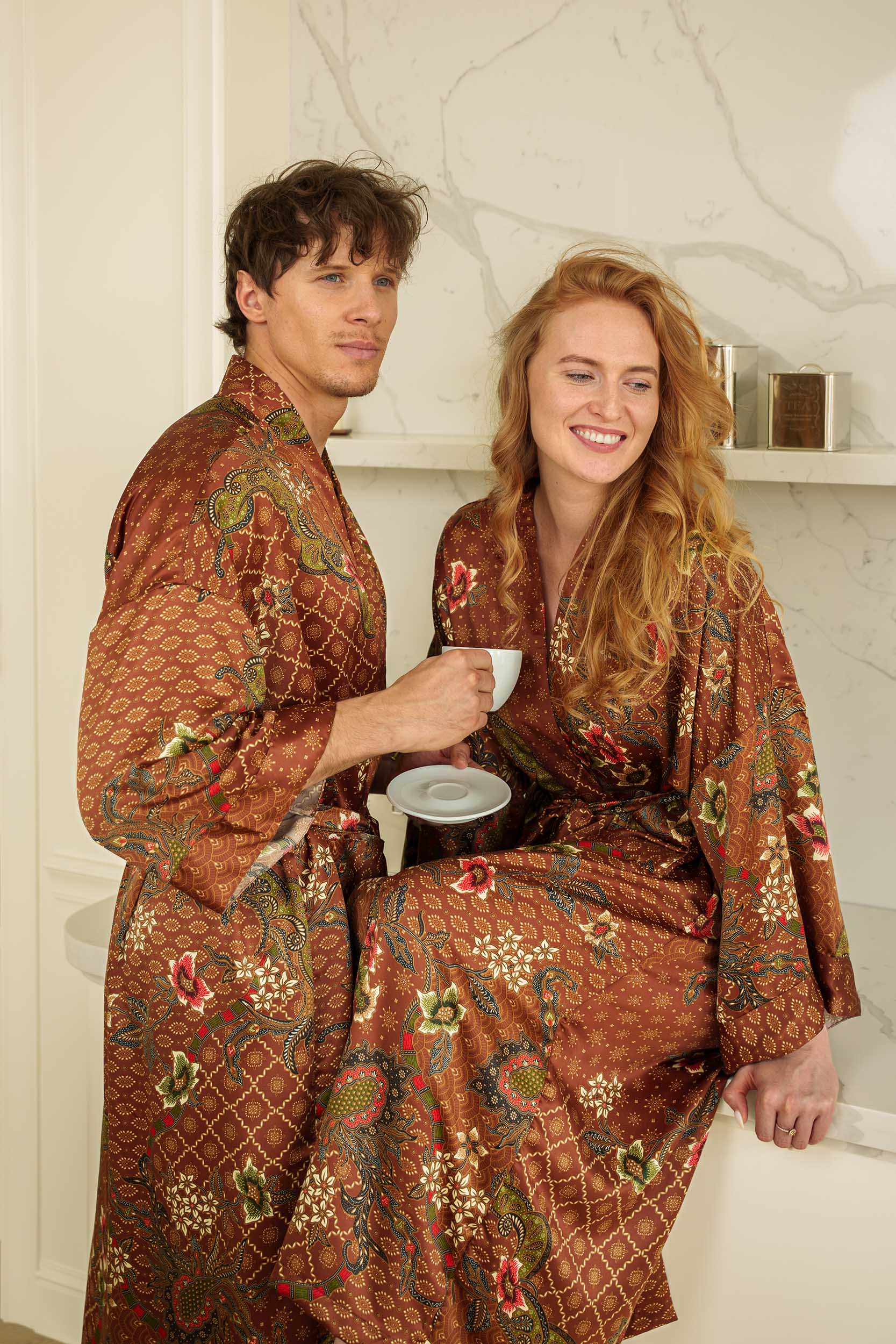 Lifestyle image of Toré Bumi robes – elegant matching kimono loungewear set for men and women.