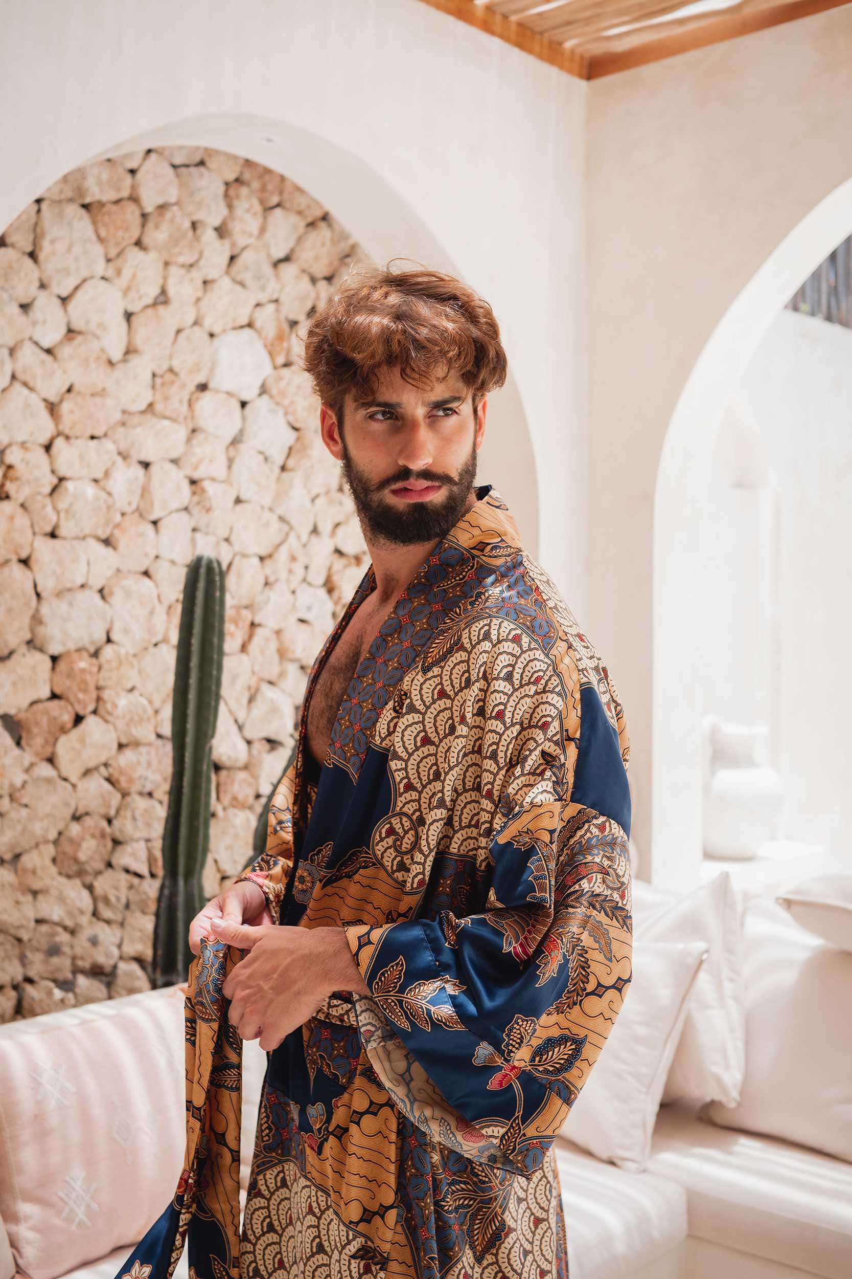 Side view of Toré Nilam robe – men’s luxury satin kimono with Indonesian-inspired design.