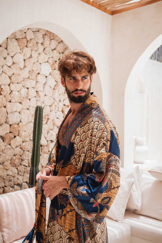 Side view of Toré Nilam robe – men’s luxury satin kimono with Indonesian-inspired design.
