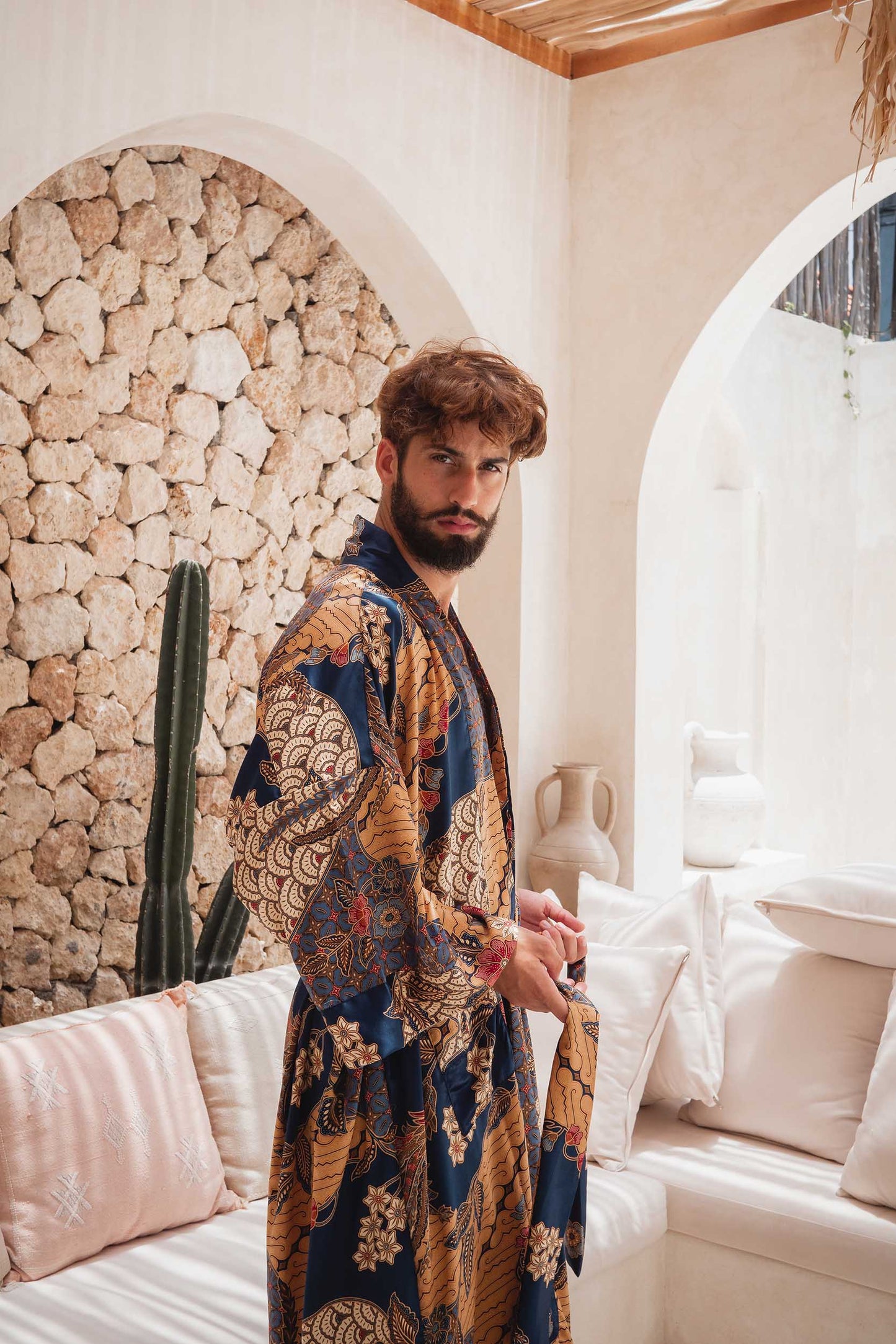 Man wearing Toré Nilam kimono robe - luxury dressing gown.
