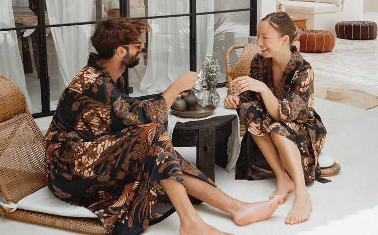 Man and woman wearing kimono robes handmade in Bali