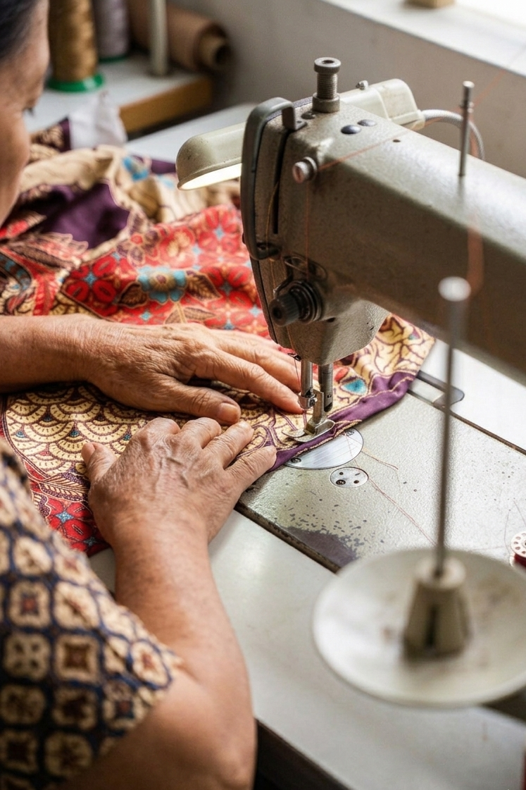 A close-up lifestyle shot of a person's hands guiding Indonesian batik patterned fabric under the needle of a vintage industrial sewing machine.