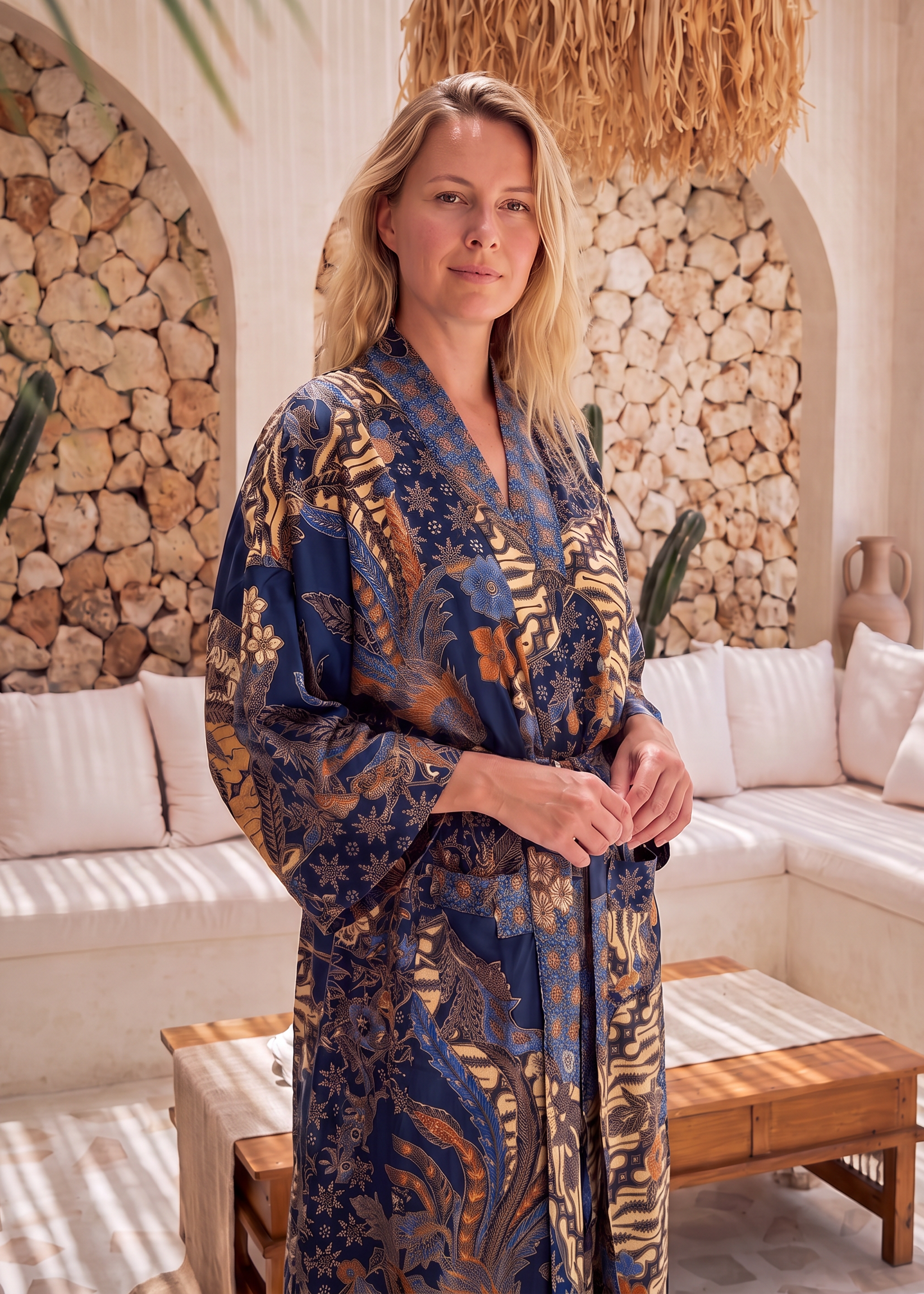 A woman wearing a blue and gold patterned satin kimono robe stands in a sunlit lounge with stone arches, white sofas, and wooden tables.