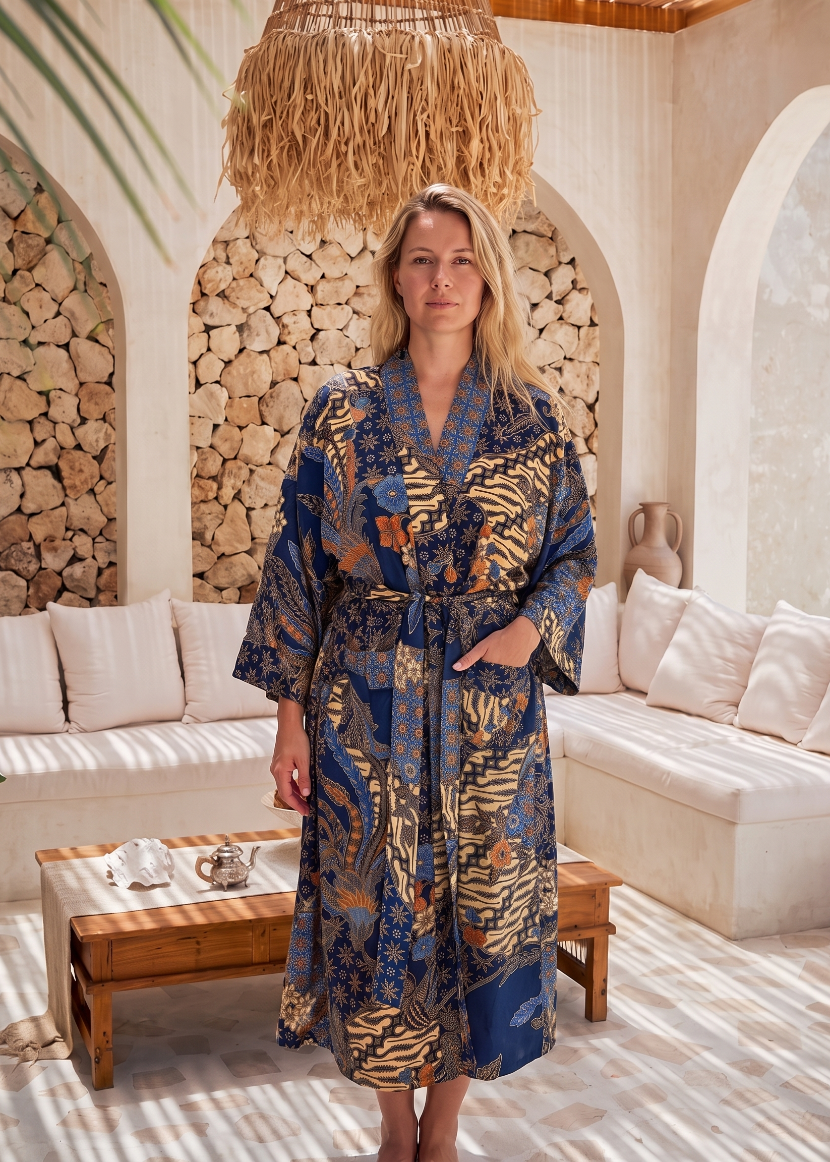 A woman stands in a sunlit lounge setting wearing a long blue satin kimono robe. 