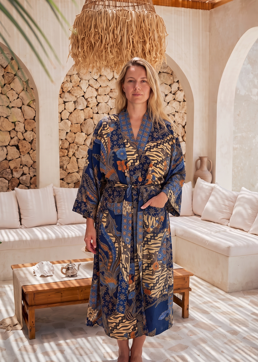 A woman stands in a sunlit lounge setting wearing a long blue satin kimono robe. 